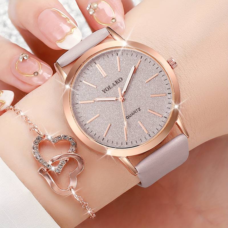 6PCS/SET WOMEN'S WATCH CASUAL SHINY QUARTZ WATCH ANALOG PU LEATHER WRIST WATCH & HEART JEWELRY SET, GIFT FOR MOM HER